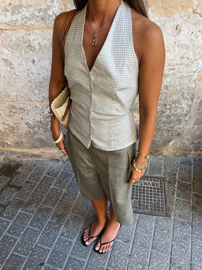 Klara halterneck top with checkers - White/green