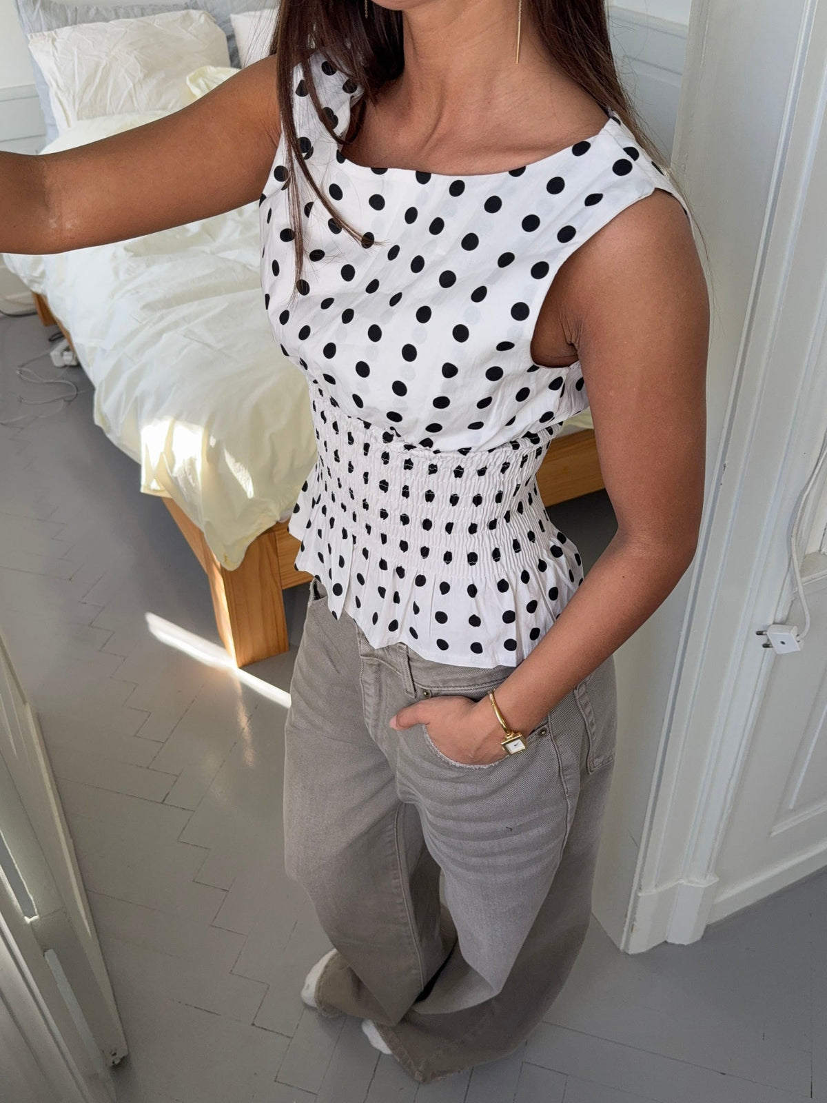 Cathrine smock polka dotted top - White/black