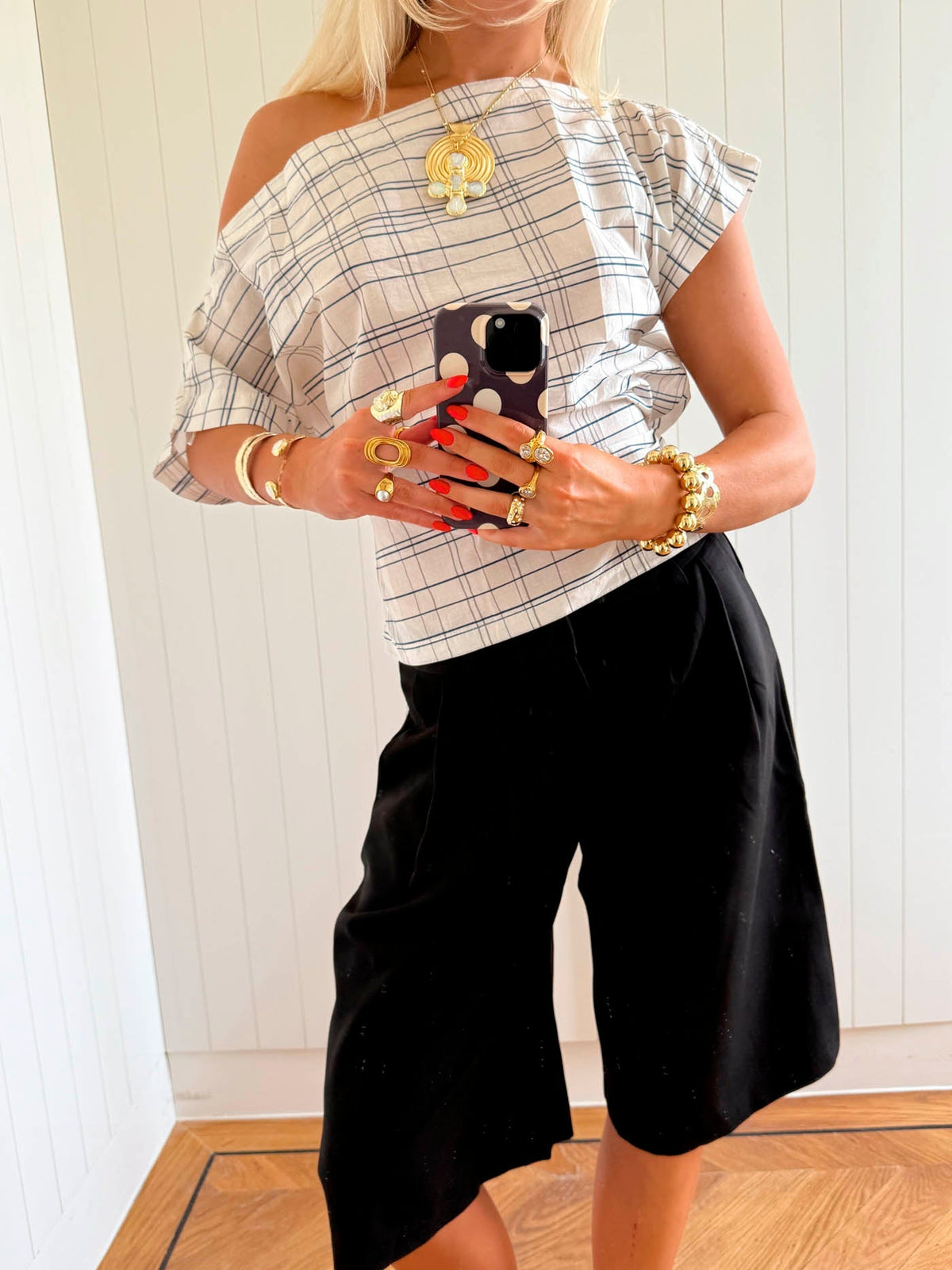 Scandivv off shoulder top with checkers - White/navy