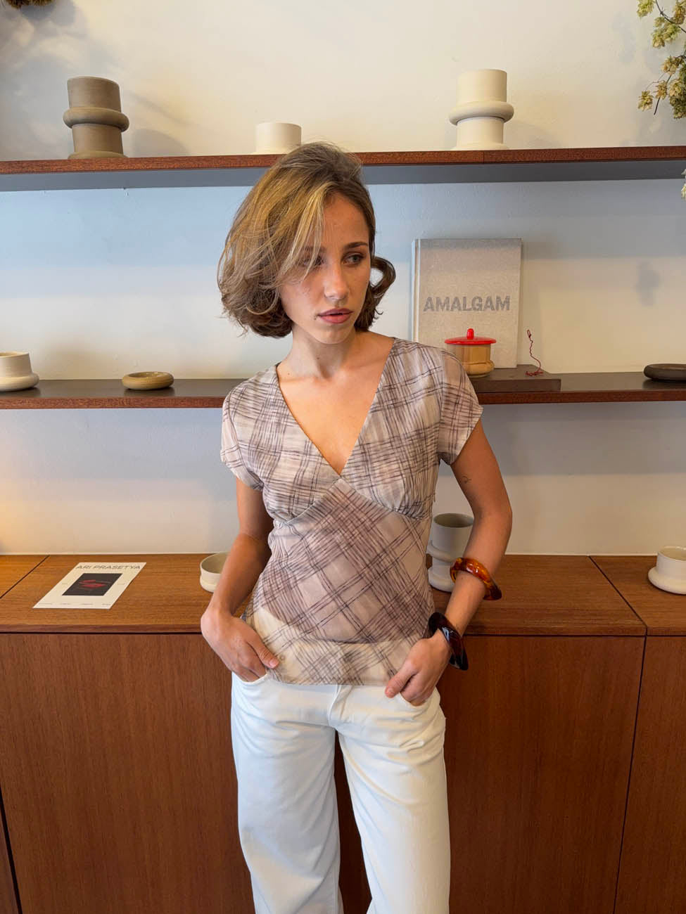 Leonorita top with checkered pattern - Beige/off-white