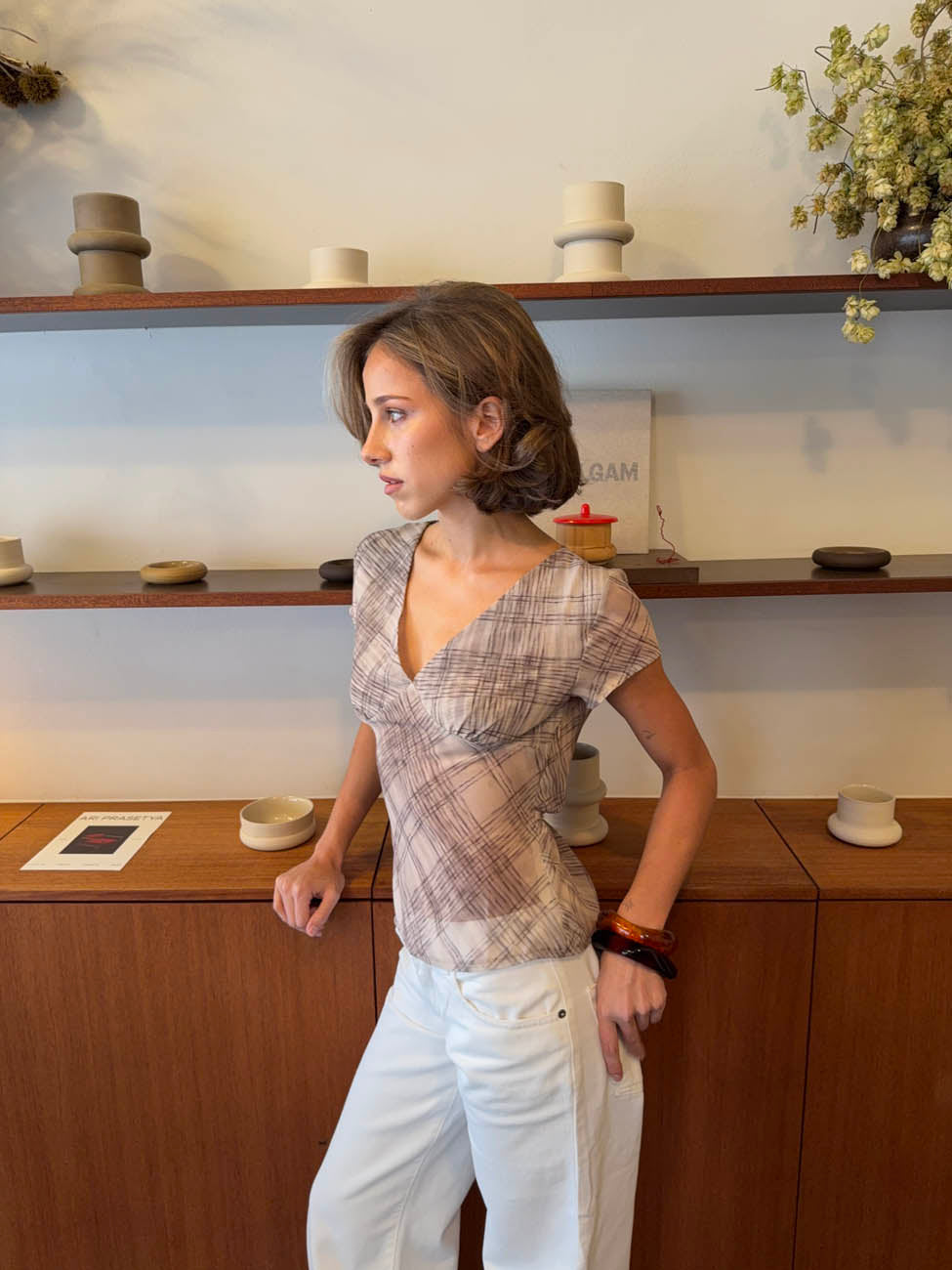 Leonorita top with checkered pattern - Beige/off-white