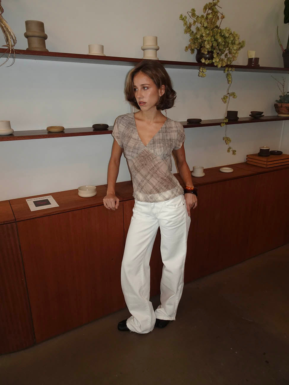 Leonorita top with checkered pattern - Beige/off-white